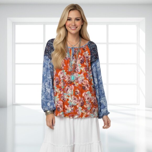 The Pioneer Woman Floral Boho Blouse Top Women's Size Medium M Tie Neck Peasant - Picture 1 of 14